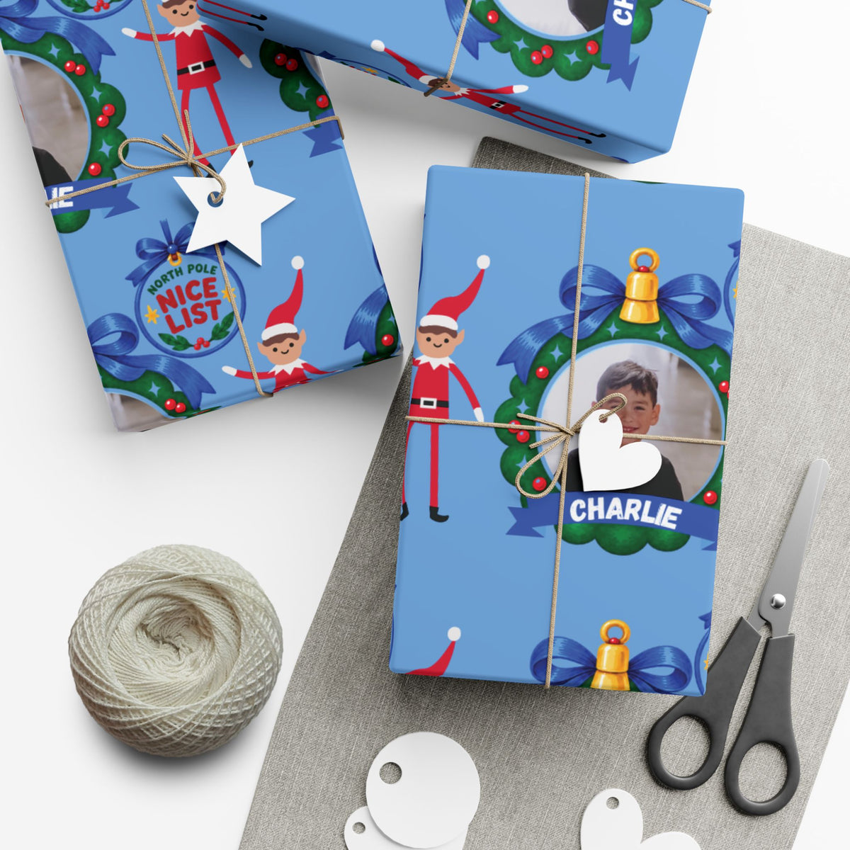 Nice List Personalized Photo Wrapping Paper (Blue)