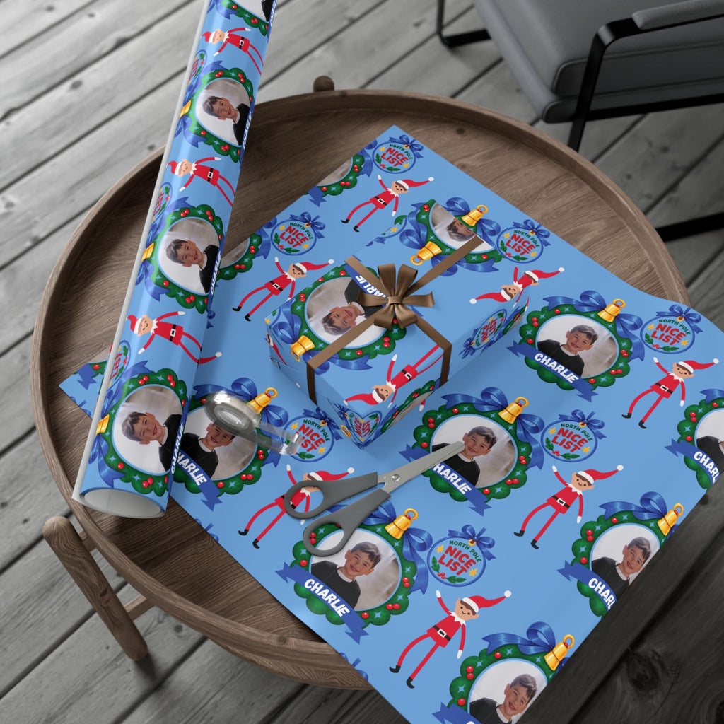 Nice List Personalized Photo Wrapping Paper (Blue)