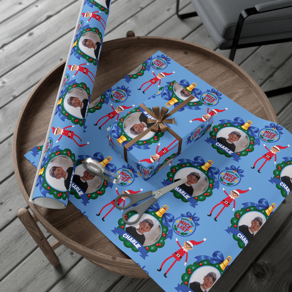 Nice List Personalized Photo Wrapping Paper (Blue)