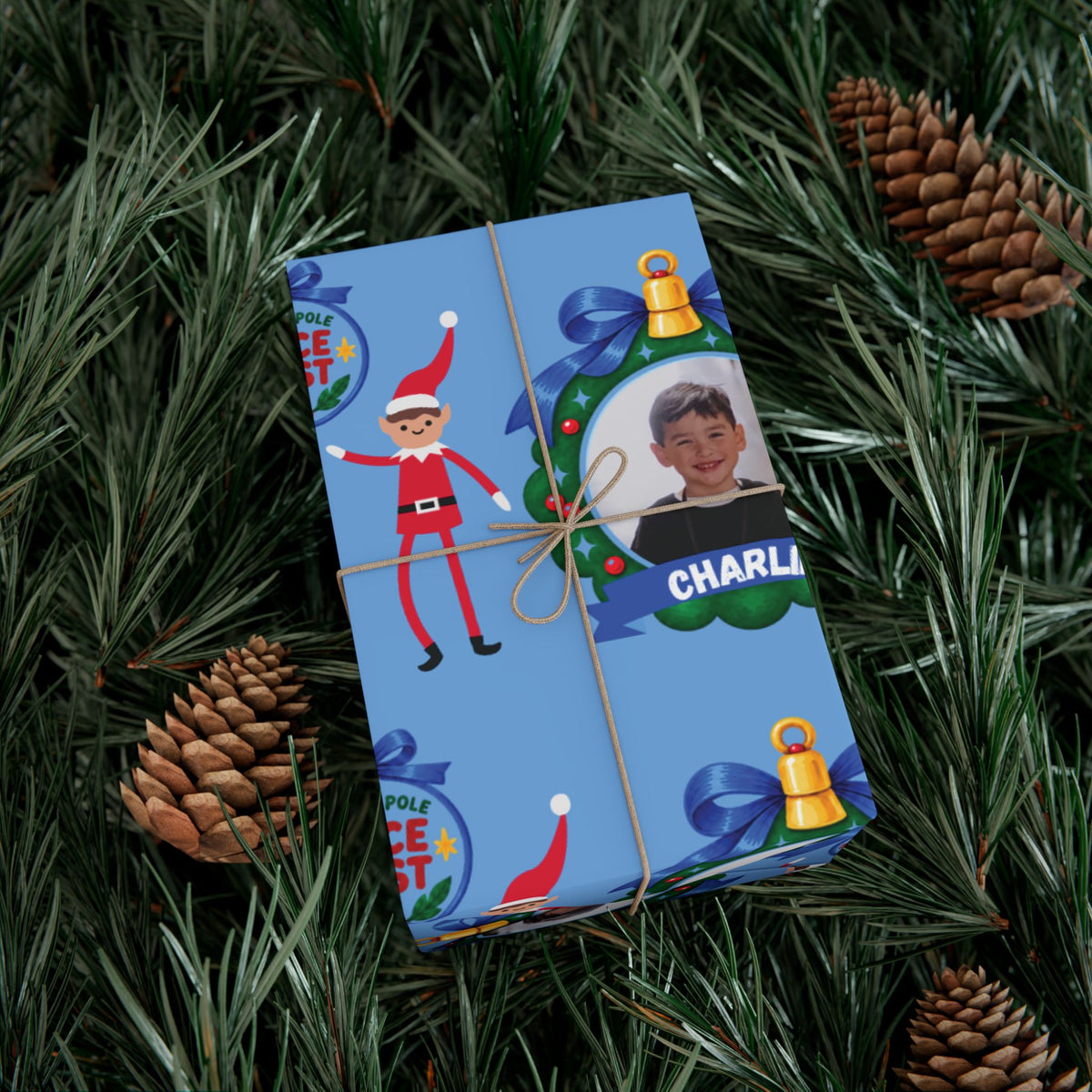 Nice List Personalized Photo Wrapping Paper (Blue)