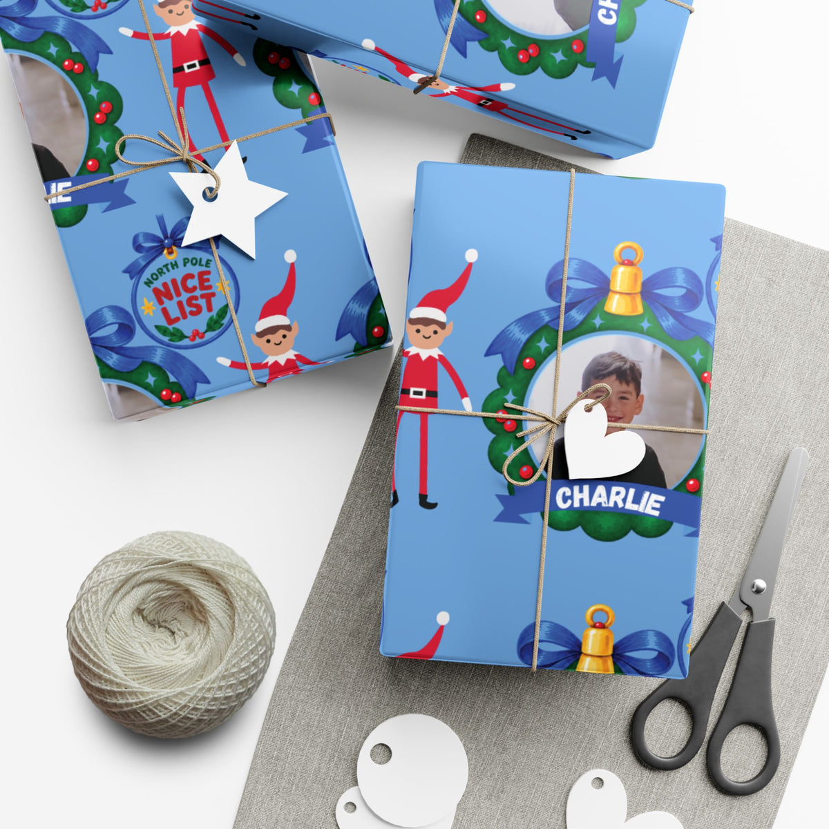 Nice List Personalized Photo Wrapping Paper (Blue)